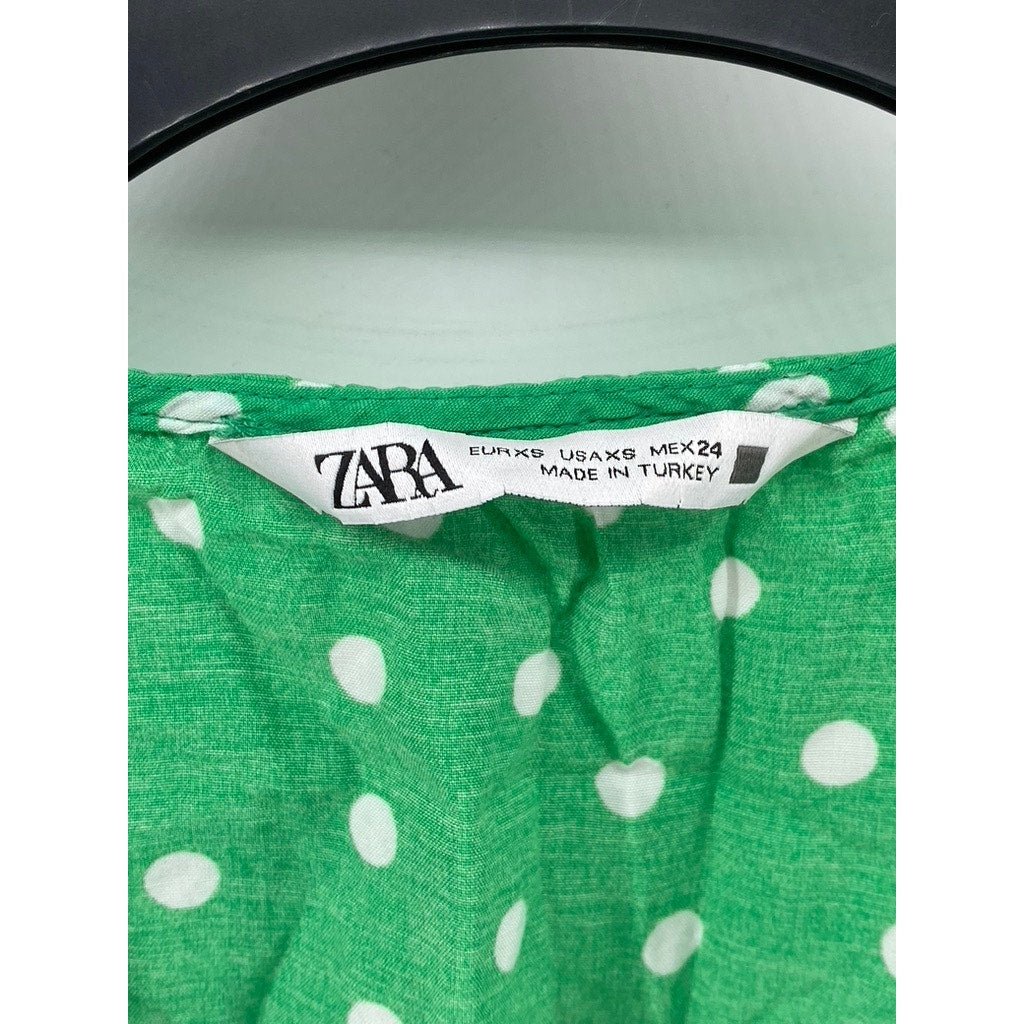 ZARA Women's Green-White Polka Dot Smocked V-Neck Button-Front Midi Dress SZ XS