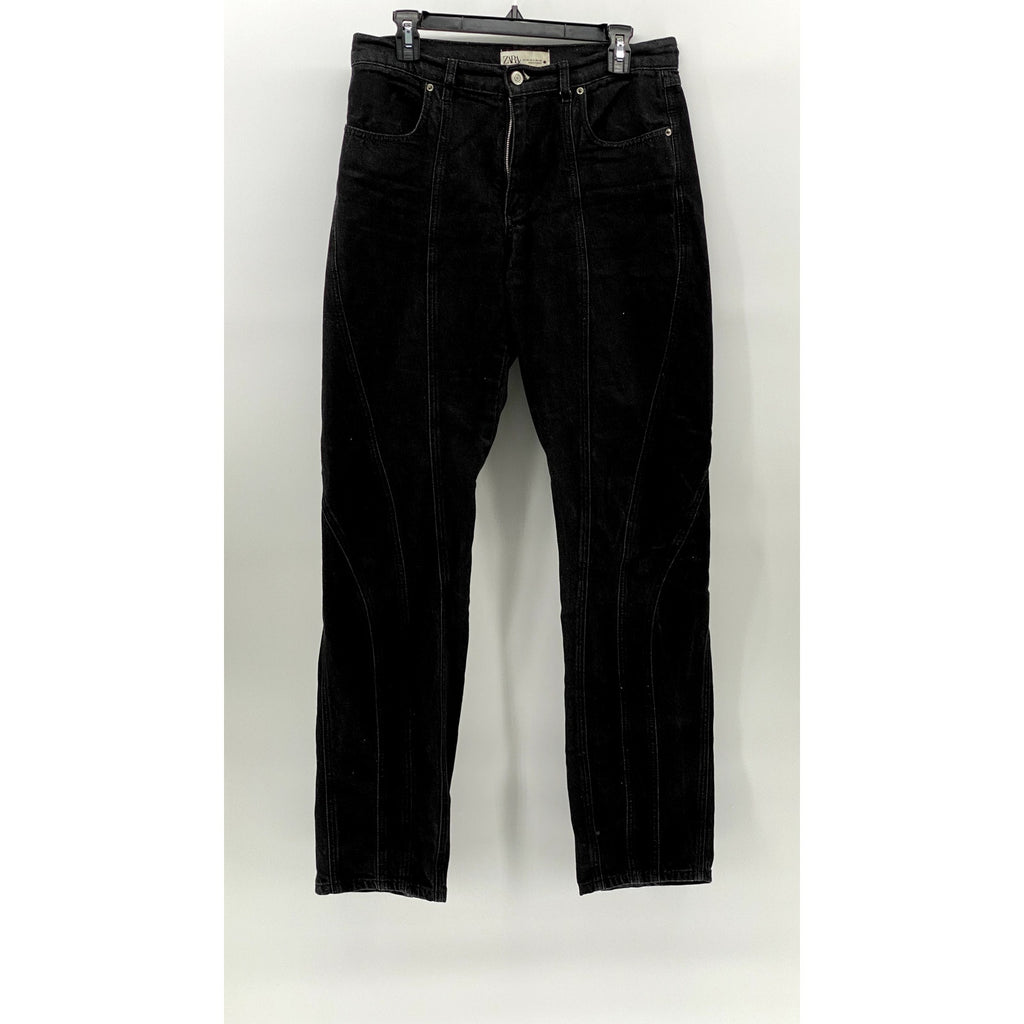 ZARA Women's Black Denim Striped High-Rise Slim Leg Regular-Fit Jeans SZ 8