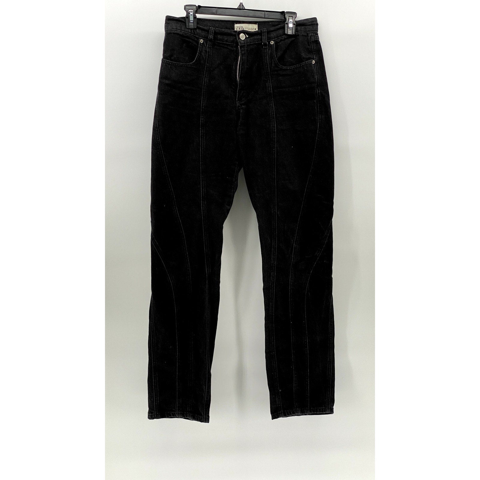 ZARA Women's Black Denim Striped High-Rise Slim Leg Regular-Fit Jeans SZ 8
