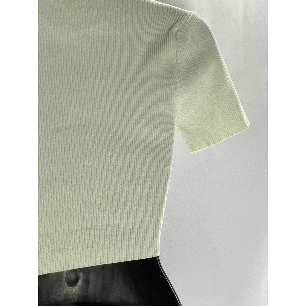 ZARA Women's White Ribbed Cutout Shoulder Crewneck Short Sleeve Crop Top SZ S