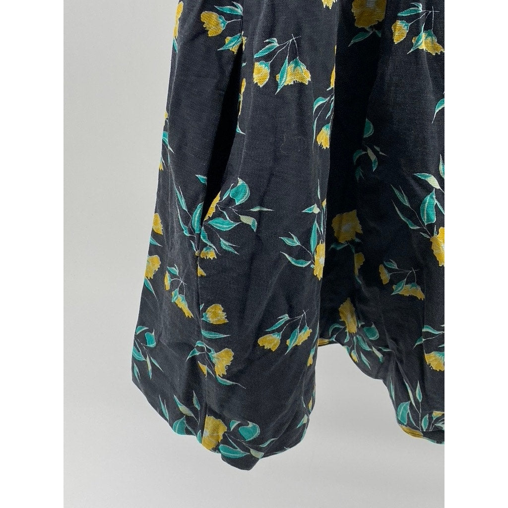 FREE PEOPLE Women's Black-Yellow Floral Adelle Short Sleeve Tunic Top SZ L