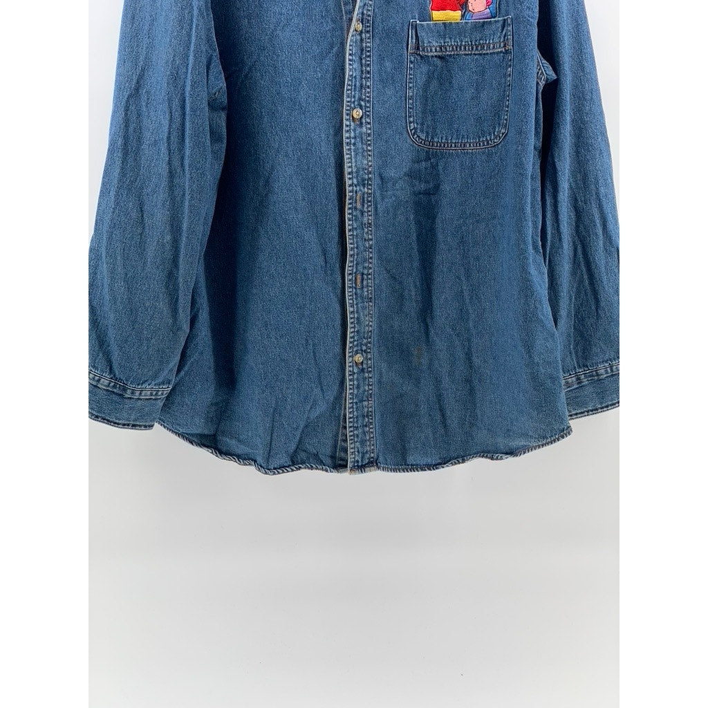 DISNEY Women's Vintage Blue Denim Embroidered Pooh & Friends Shirt Jacket SZ L