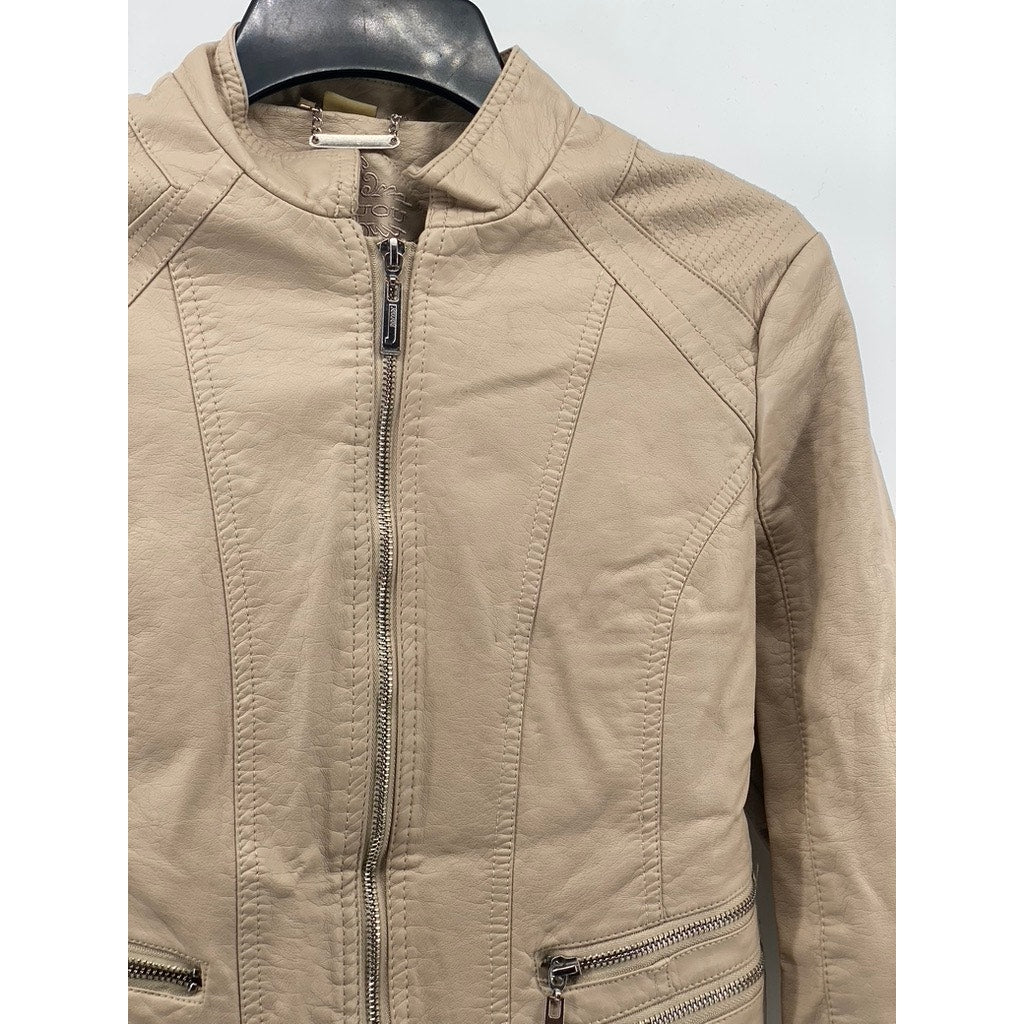 JOUJOU Women's Beige Faux-Leather Collarless Zip-Up Moto Jacket SZ M