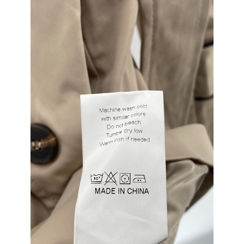 UNBRANDED Women's Khaki-Black Double-Breasted Notch Collar Belted Coat SZ M