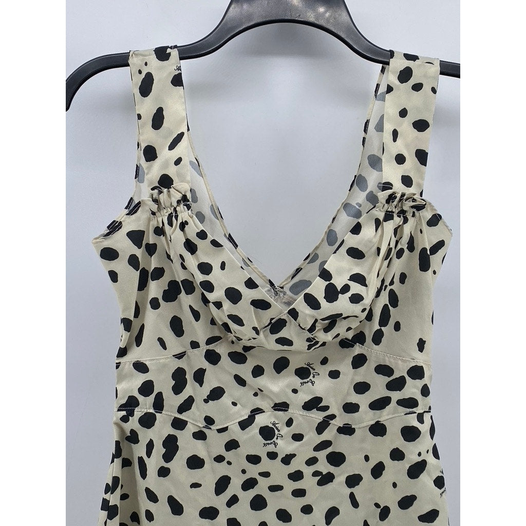 ZANER STUDIO Women's Beige-Black Printed V-Neck Ruffle A-Line Mini Dress SZ S
