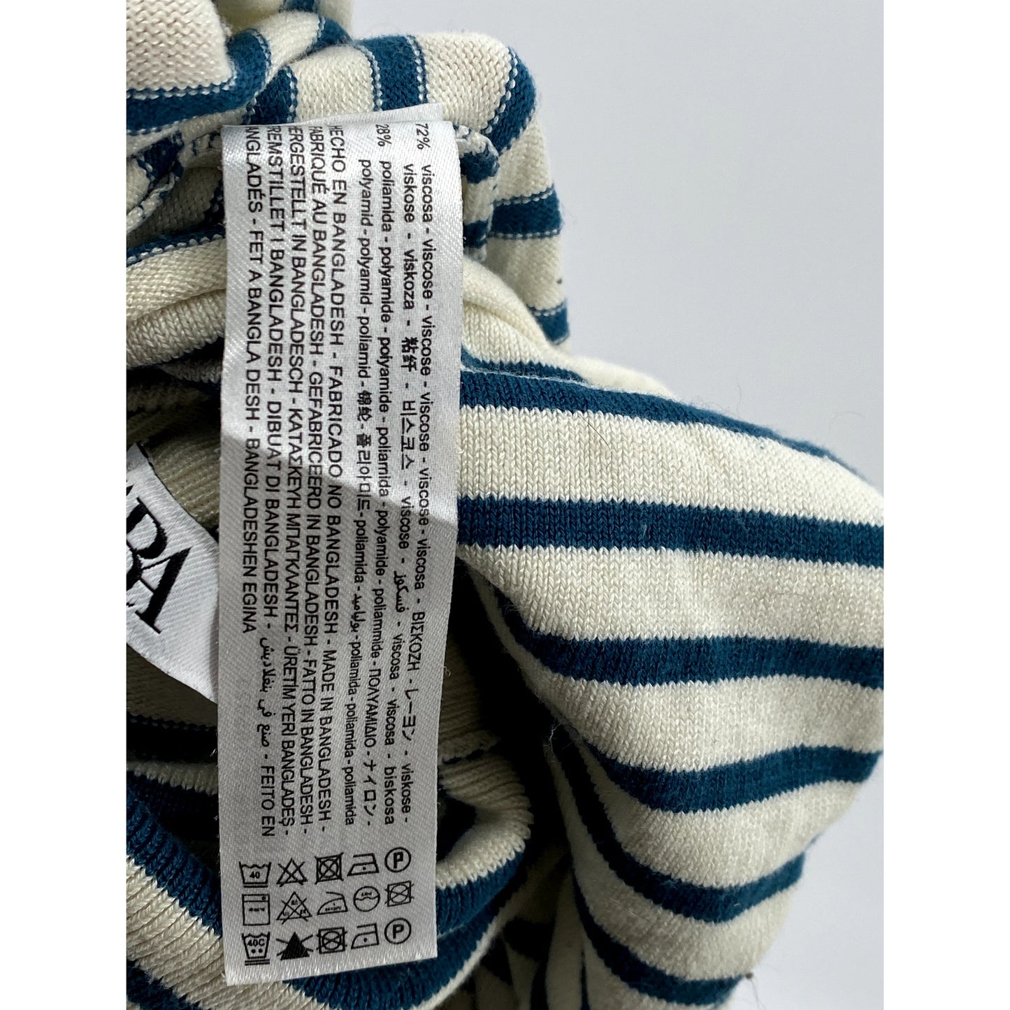 ZARA Women's Cream-Teal Blue Striped Knit Long Sleeve Turtleneck Top SZ S