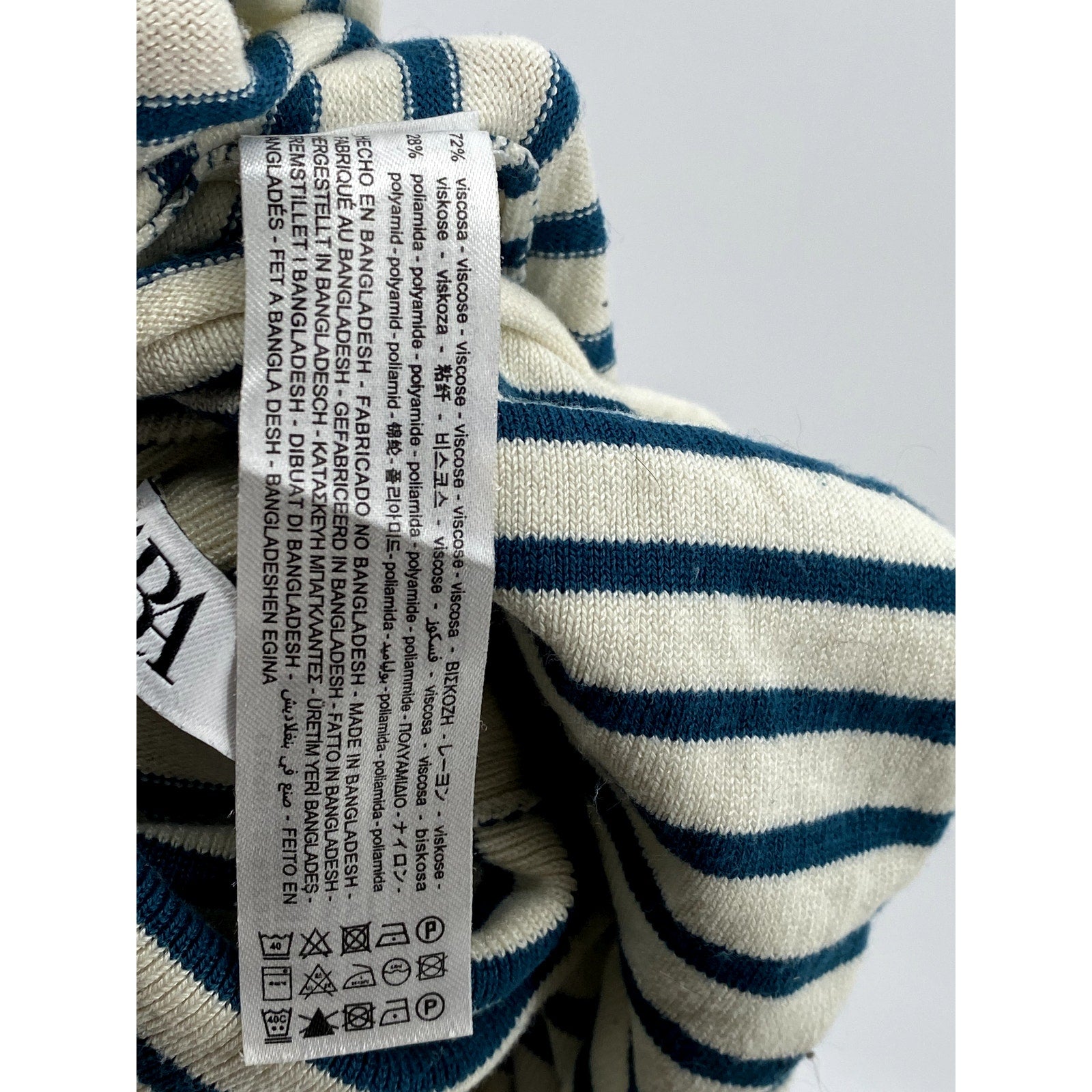 ZARA Women's Cream-Teal Blue Striped Knit Long Sleeve Turtleneck Top SZ S