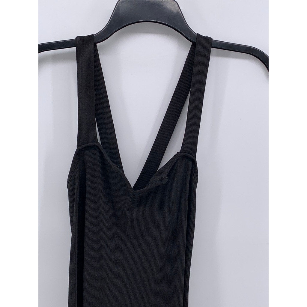UNBRANDED Women's Black Split-Neck Ribbed Maxi Bodycon Dress SZ S