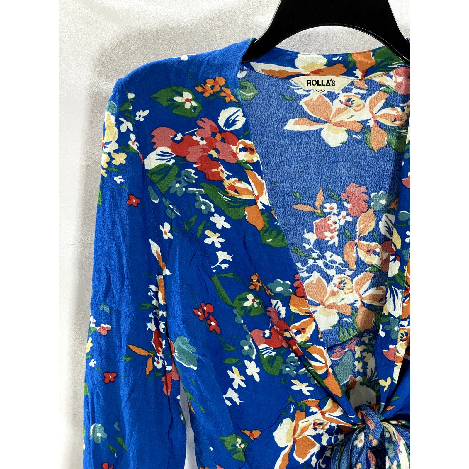 ROLLA'S Women's Royal Blue Floral Delilah Wrap Long Sleeve Top SZ S