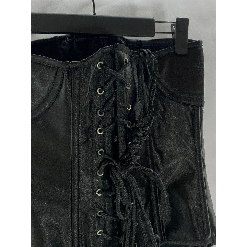 UNBRANDED Women's Black Satin Strapless Lace-Up Back Hook Front Corset Top SZ L