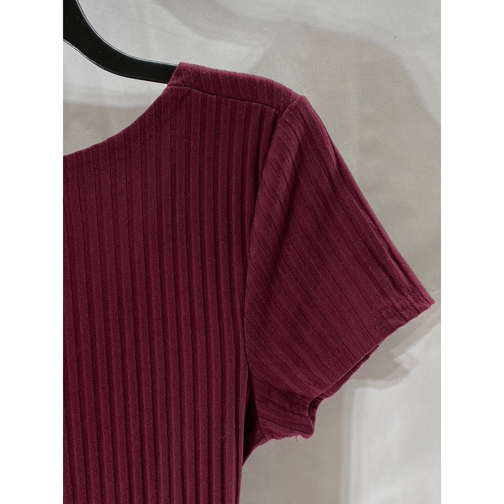 VANILLA STAR Women's Burgundy Ribbed Short Sleeve Wrap Top SZ M