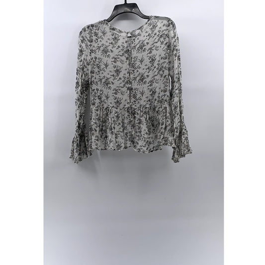 ZARA Women's Light Gray Floral Sequin Embellished Long Flare Sleeve Top SZ L