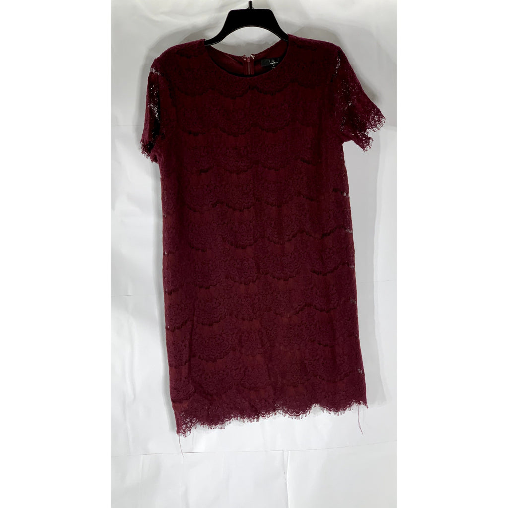 LULUS Women’s Burgundy Crewneck Take Me To Lunch Lace Short Sleeve Dress SZ S