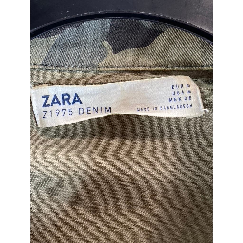 ZARA Z1975 DENIM Women's Green Camo Sequin Distressed Button-Up Jacket SZ M