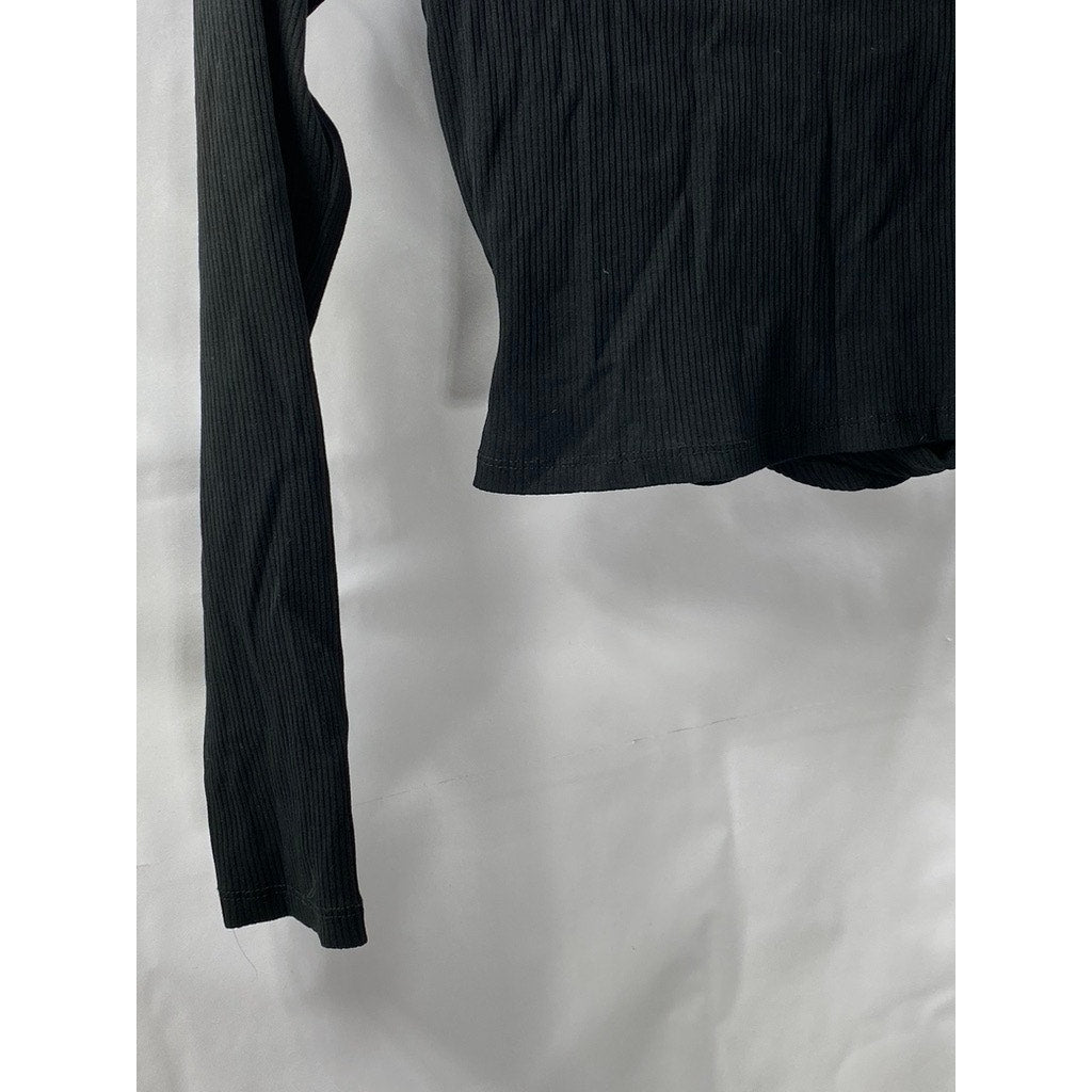 ZARA Women's Black Rib Knit Crewneck twist-Front Long Sleeve Cropped Top SZ S