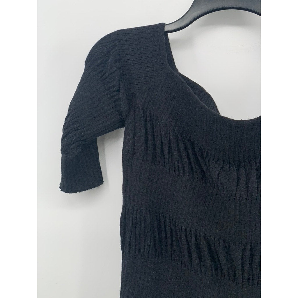 CLUB MONACO Women's Black Ribbed Boatneck Short Elbow Sleeve Top SZ S