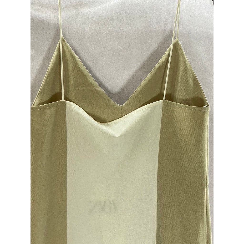 ZARA Women's Beige/Cream Pleated Side-Slit Snake Skin V-Neck Midi Dress SZ M