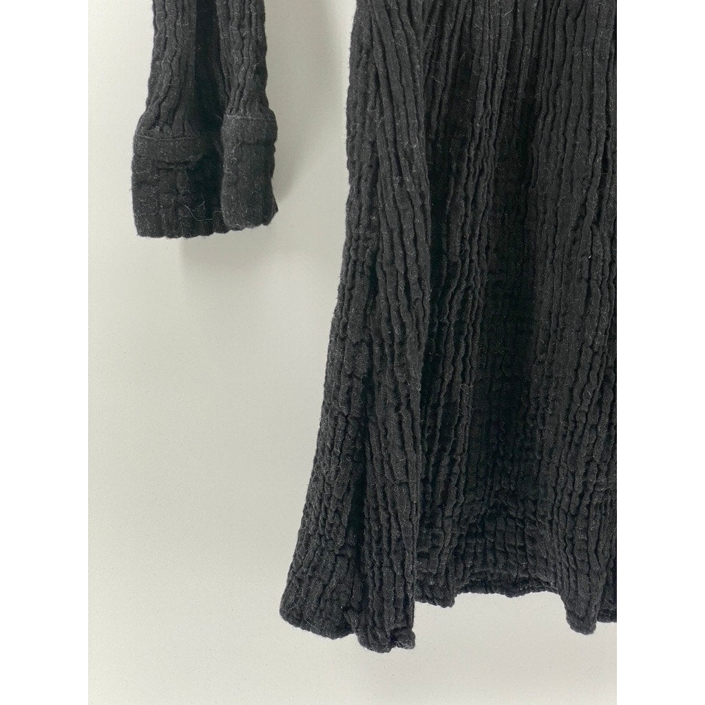 ZARA Women's Black Textured Smocked-Waist Long Sleeve V-Neck A-Line Dress SZ M