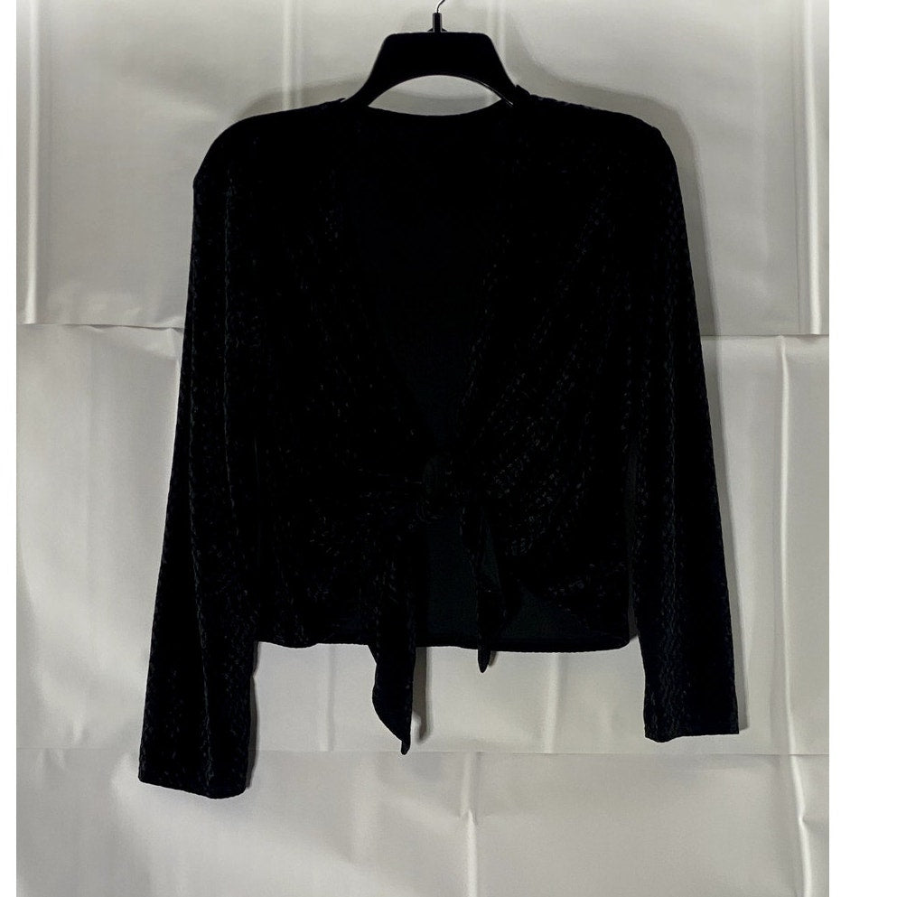 UNBRANDED Women's Black Velvet Long Sleeve V-Neck Tie-Front Top SZ M
