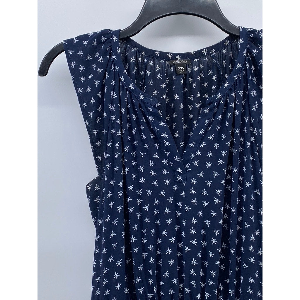 J.CREW MERCANTILE Women's Blue-White Printed Split-Neck Midi A-Line Dress SZ XXS