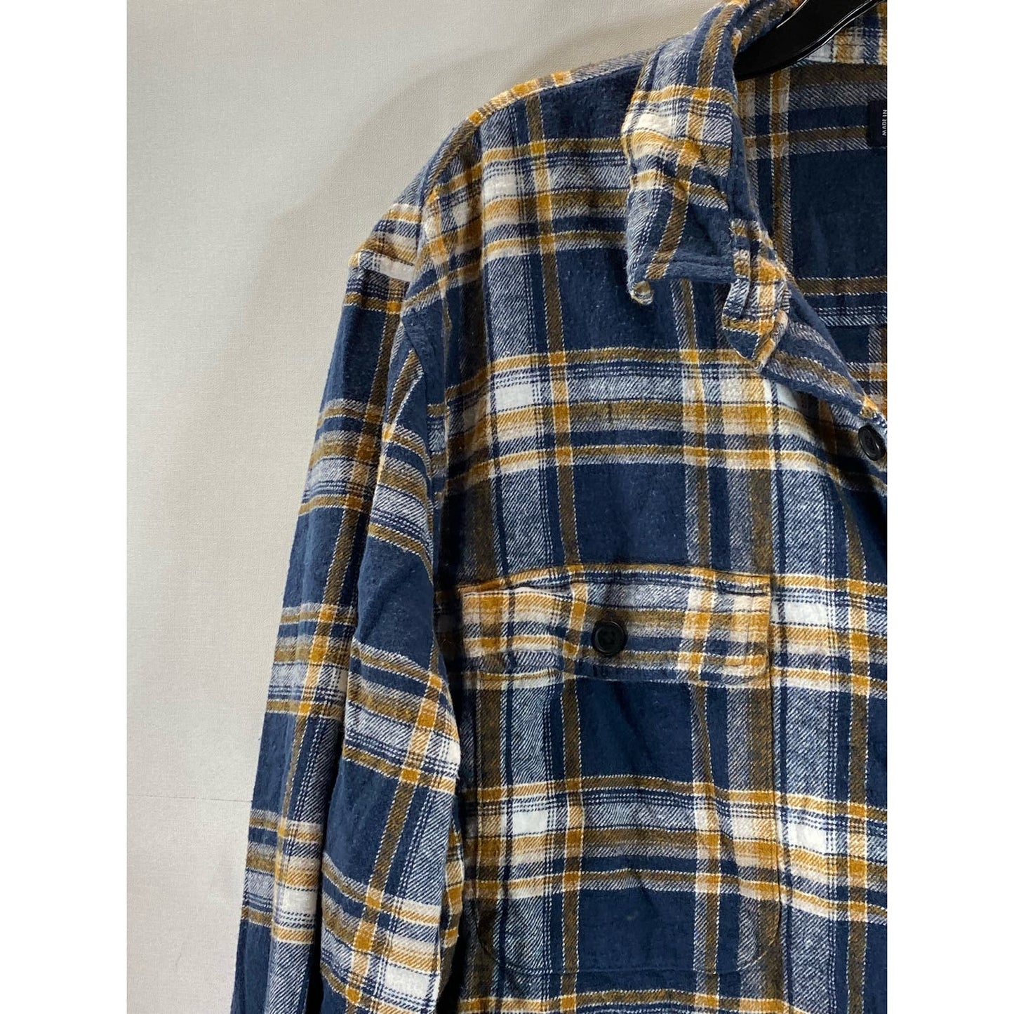 LUCKY BRAND Men's Navy/Yellow Plaid Classic-Fit Button-Up Flannel Shirt SZ L