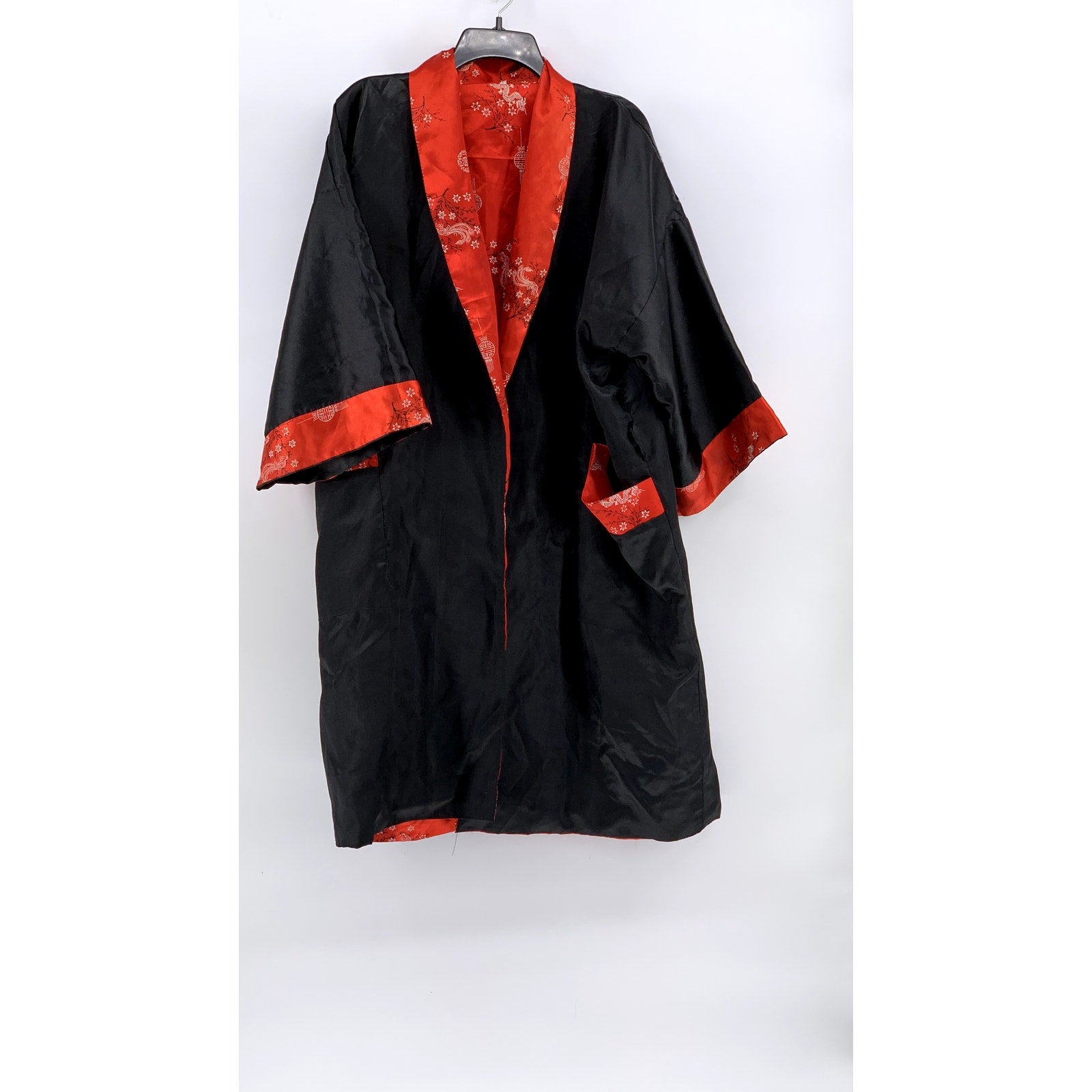 UNBRANDED Unisex Black-Red Vintage Rare Thai Silky Dragon Reversible Kimono