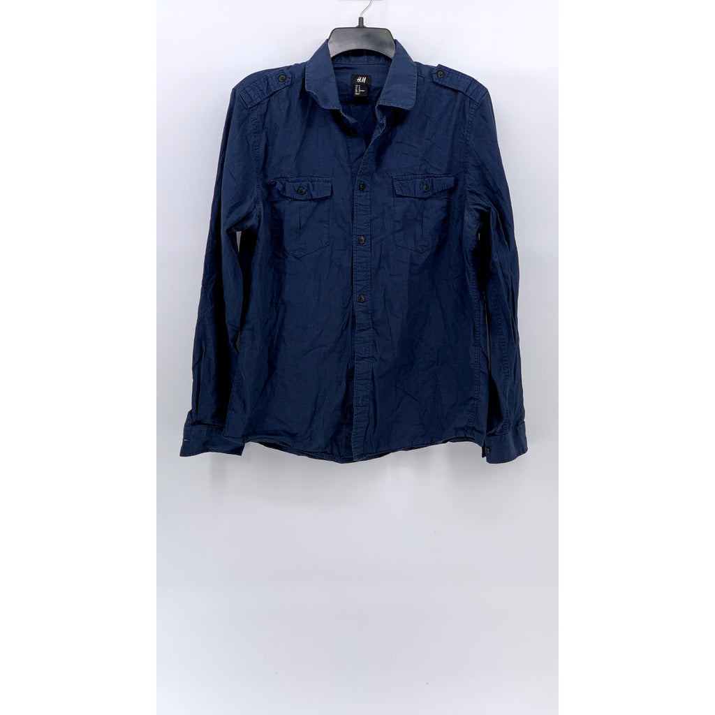 H&M Men's Blue Double-Pocket Regular-Fit Button-Up Long Sleeve Shirt SZ M
