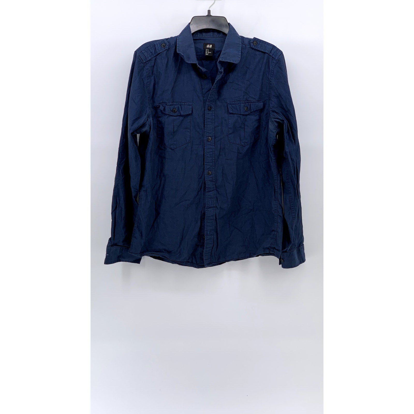 H&M Men's Blue Double-Pocket Regular-Fit Button-Up Long Sleeve Shirt SZ M