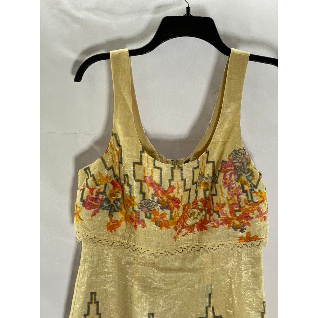 FREE PEOPLE Women's Tan-Orange Crochet Trim Straight-Neck Sleeveless Dress SZ 4