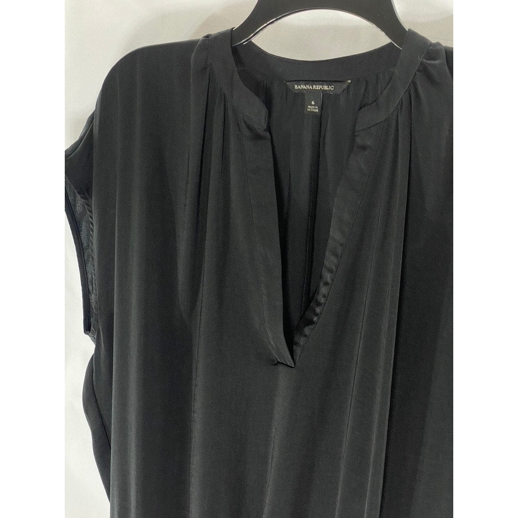 BANANA REPUBLIC Women's Black Short Sleeve Elastic Waist Split-Neck Dress SZ 6