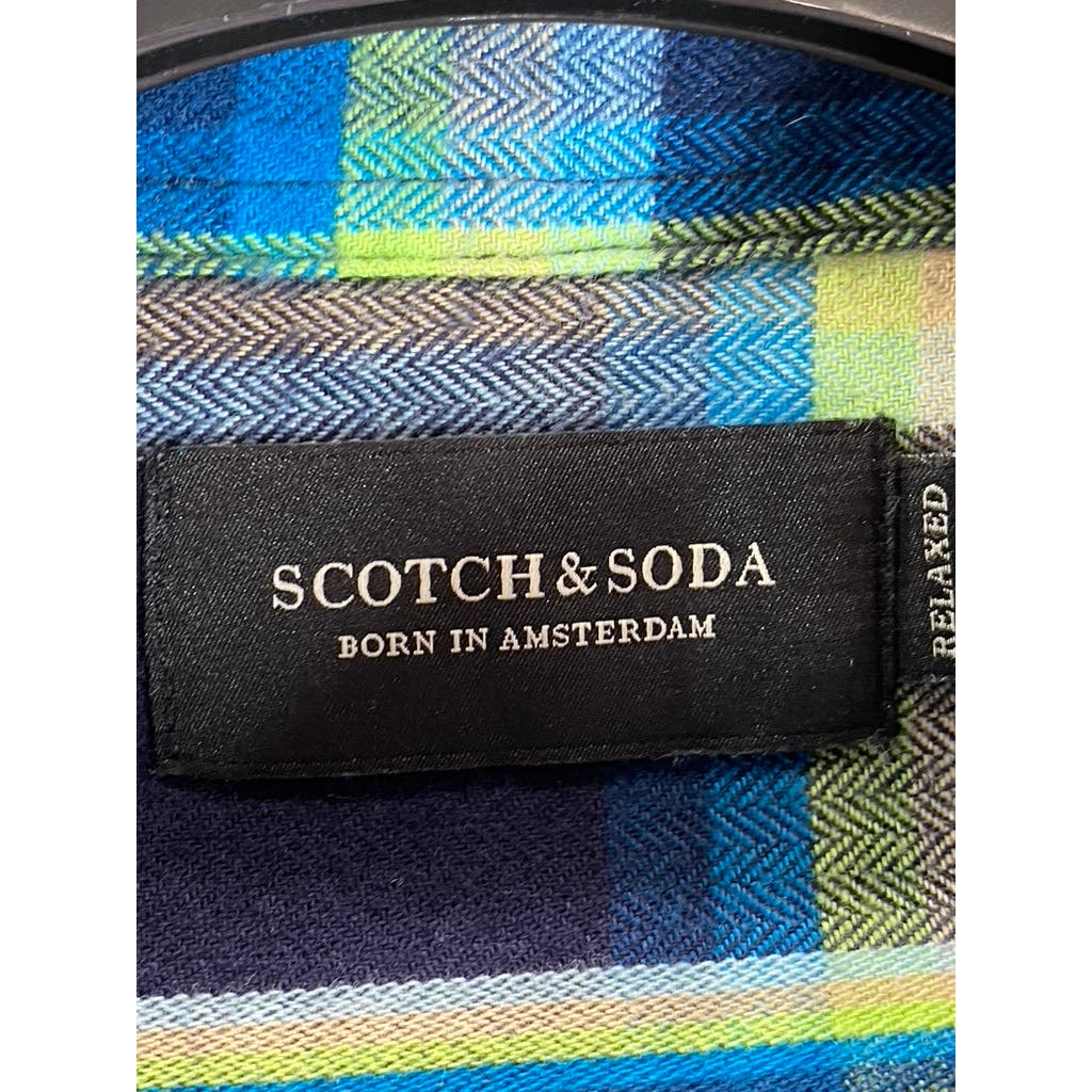 SCOTCH & SODA Men's Blue/Green Check Relaxed-Fit Button-Up Long Sleeve Shirt SZM