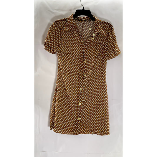 UNBRANDED Women's Brown Sheer Printed Short Sleeve Button-Front Shirt Dress SZ M
