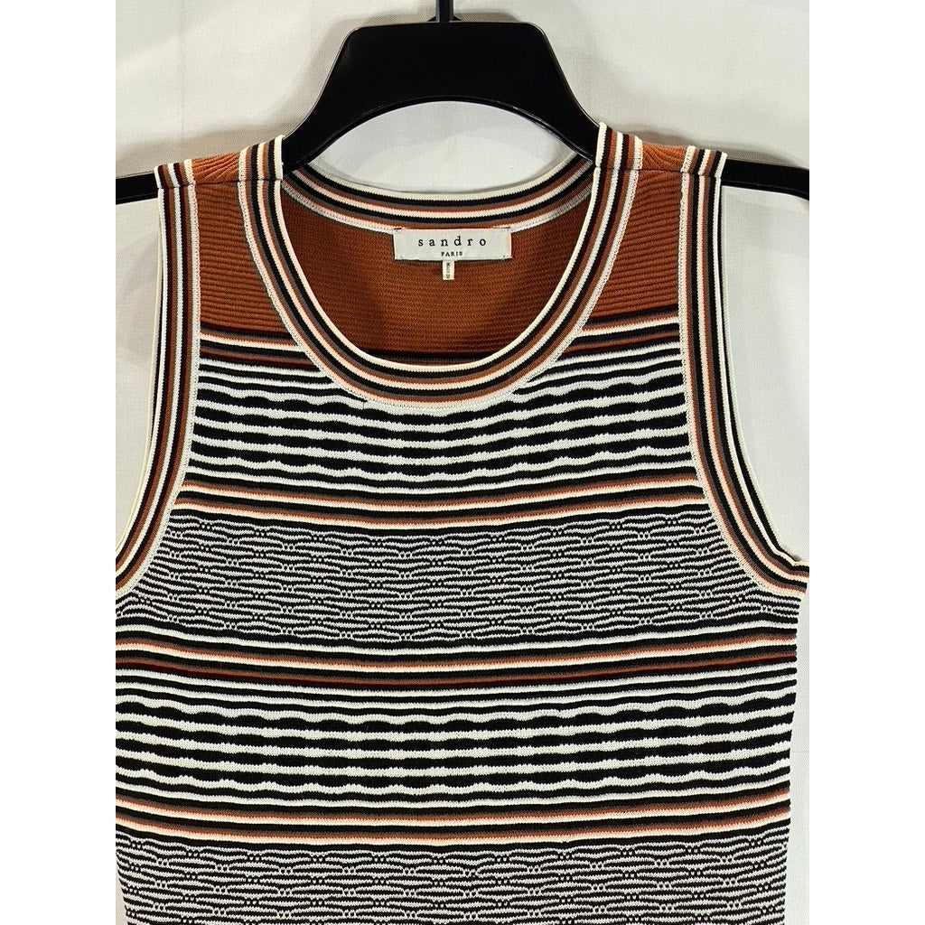 SANDRO PARIS Women's Knit Ribbed Brown/Black Sleeveless Knee Length Dress SZ M