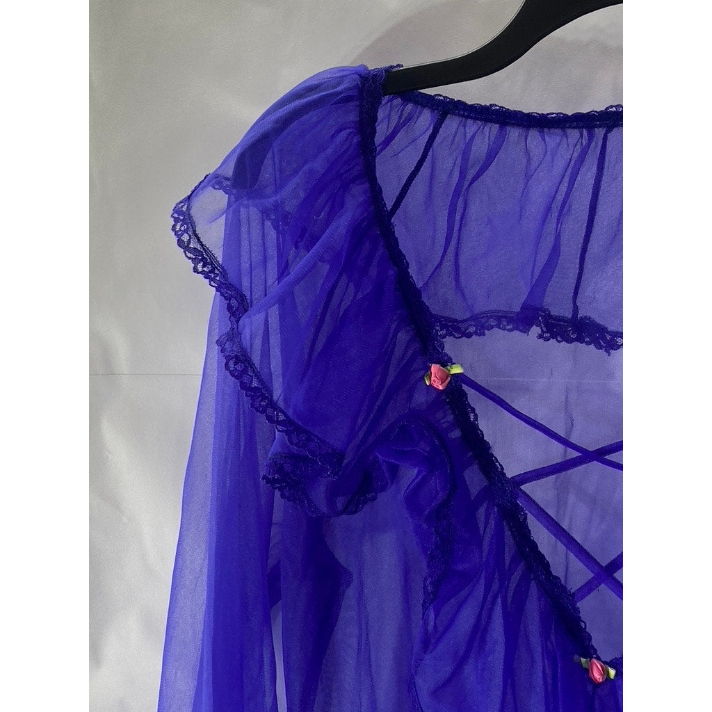 UNBRANDED Women’s Royal Blue Sheer V-Neck Lace-Up Ruffle Long Sleeve Top SZ M