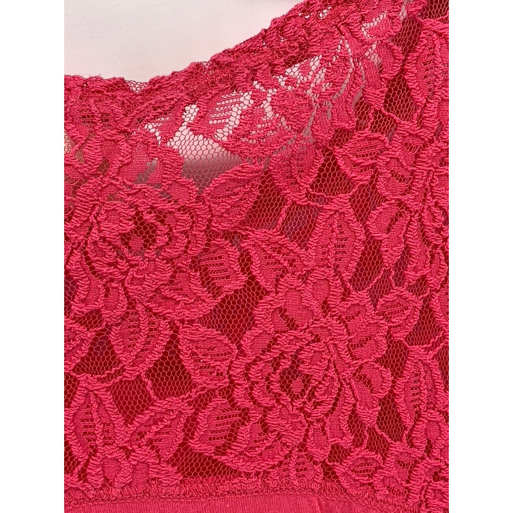 DKNY JEANS Women's Pink Floral Lace Shoulder Short Sleeve Tunic Top SZ 2XL