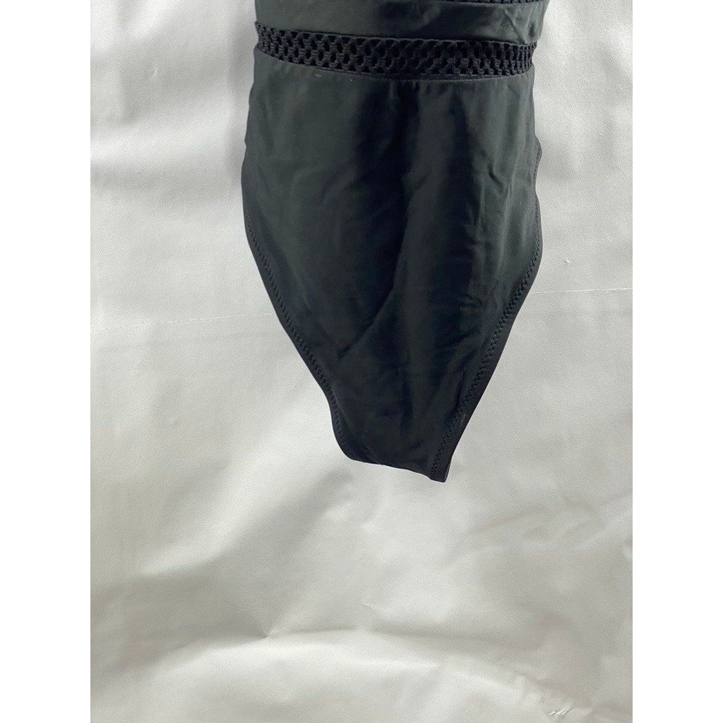 UNBRANDED Women's Black Eyelet Deep V-Neck Cross-Back Bathing Suit SZ S