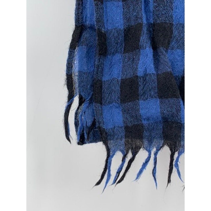 UNBRANDED Blue-Black Checkered Fringe Knit Scarf