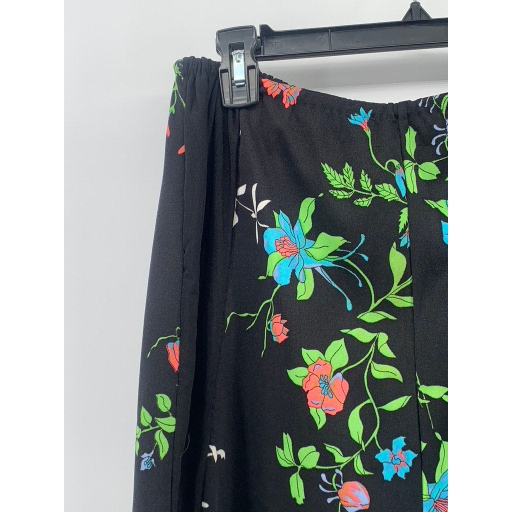 UNBRANDED Women's Black-Blue Green Floral Print Pull-On A-line Midi Skirt SZ M