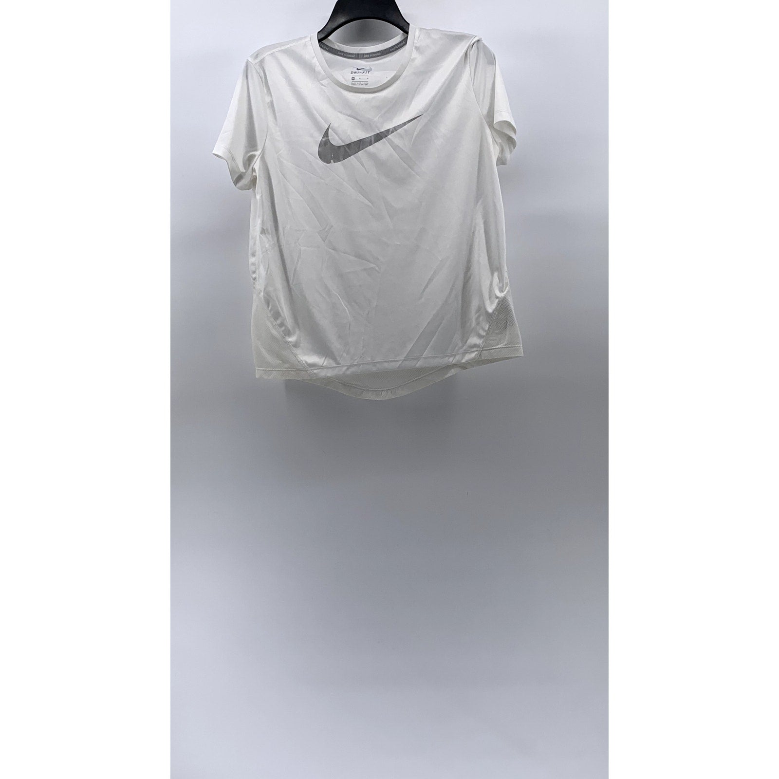 NIKE Women's White Crewneck Dri-Fit Large Swoosh Short Sleeve Running Top SZ M