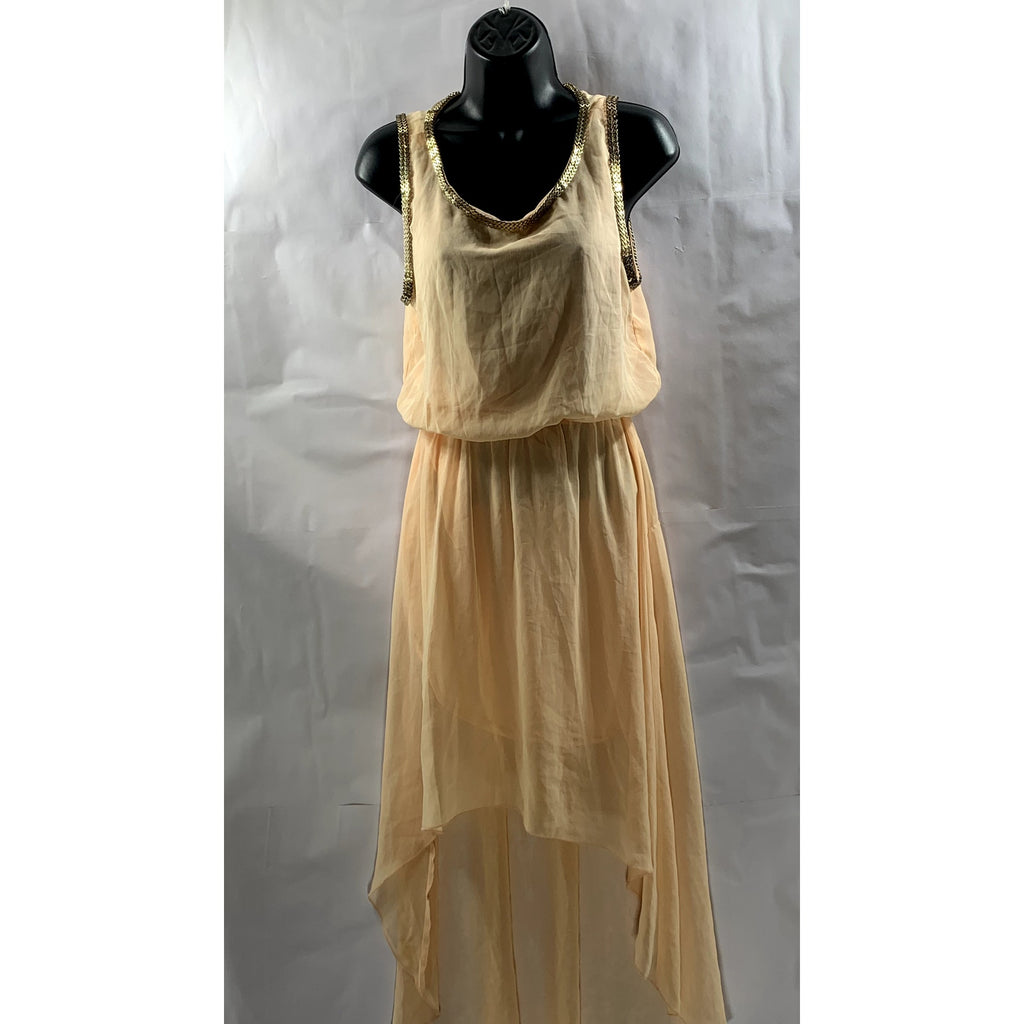 DOUBLE ZERO Women’s Beige Embellished Trim Sheer Scoop-Neck Hi-Low Dress SZ S
