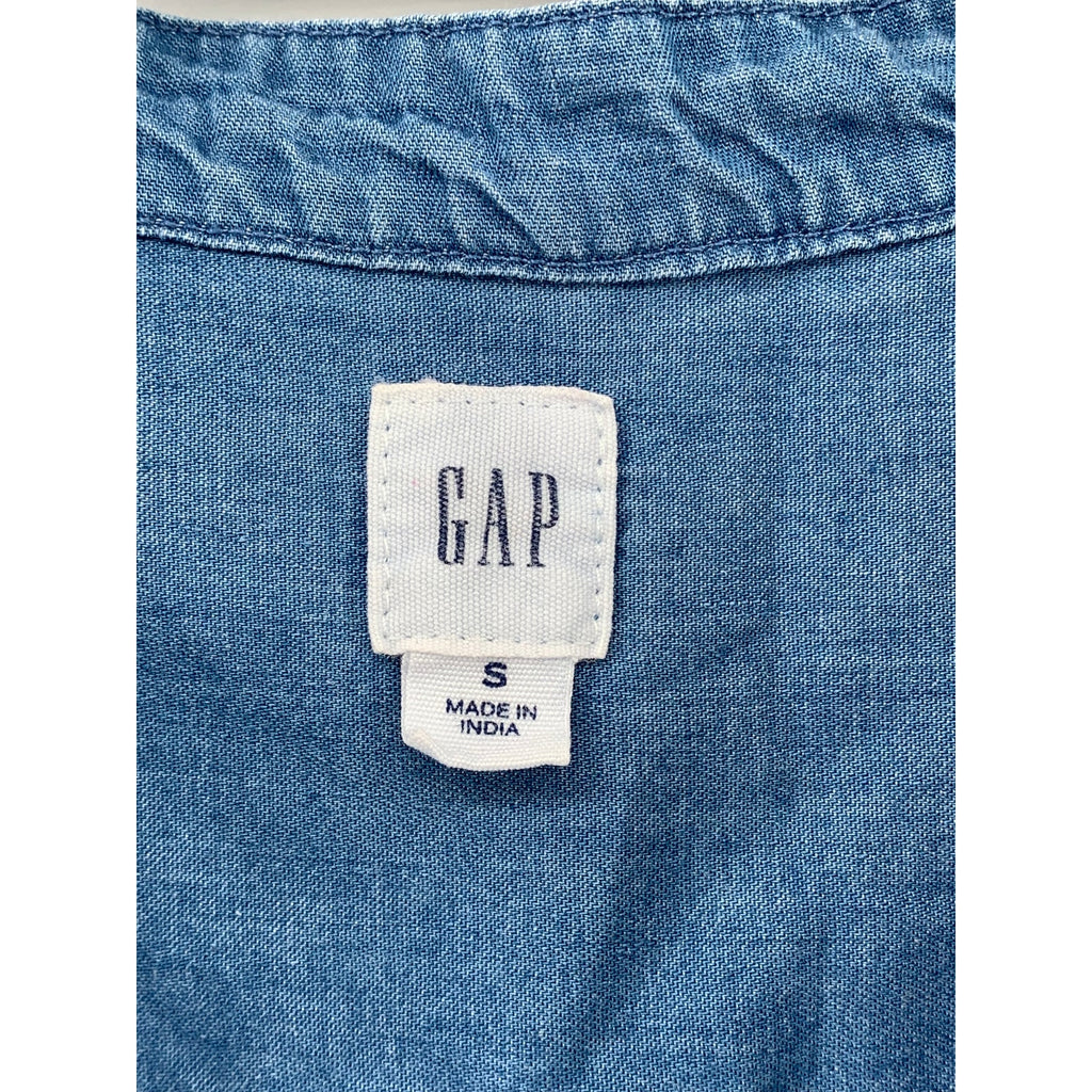 GAP Women's Blue Chambray Split-Neck Flutter Short Sleeve Top SZ S