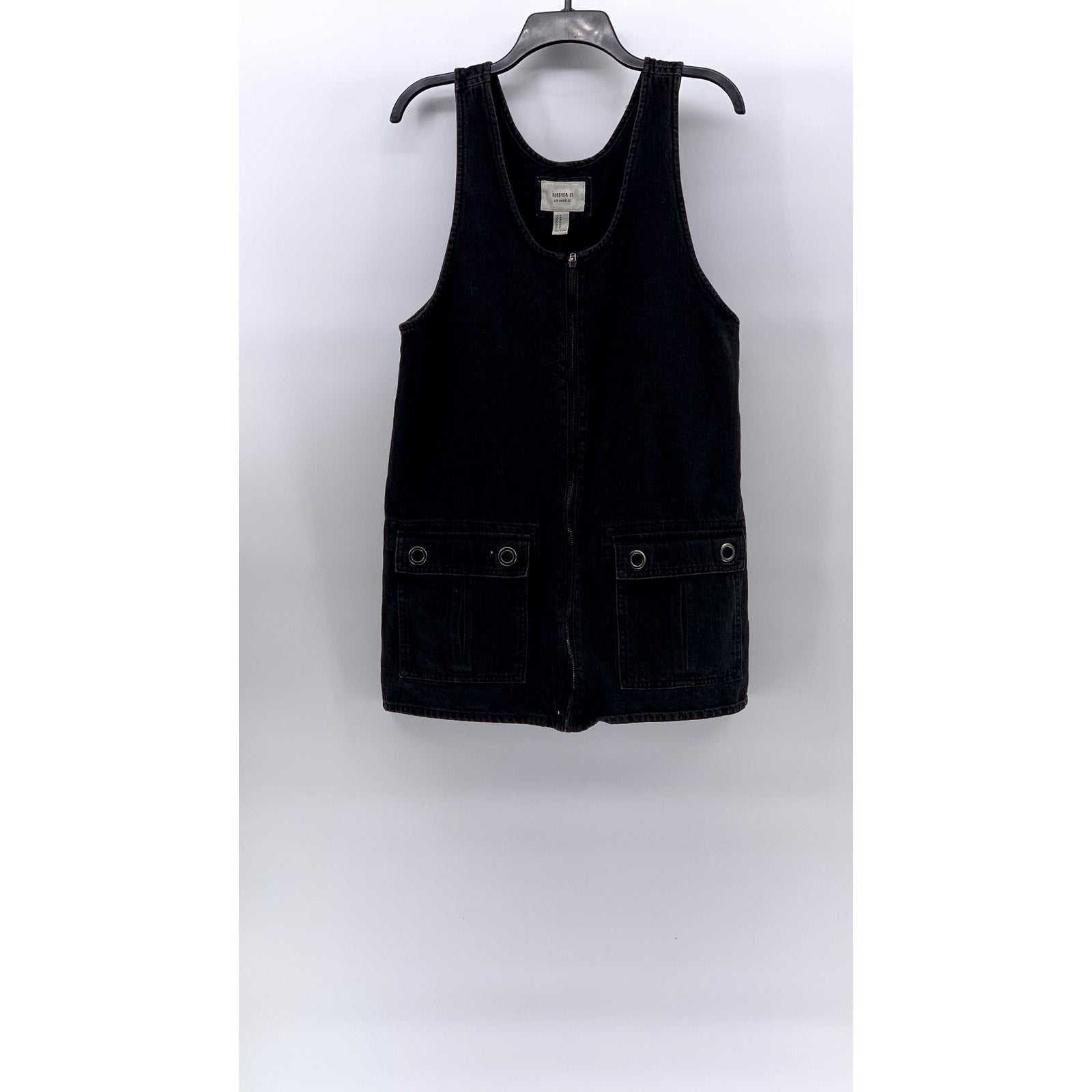 FOREVER 21 Women's Black Denim Zip-Up Sleeveless Scoop-Neck Mini Dress SZ M