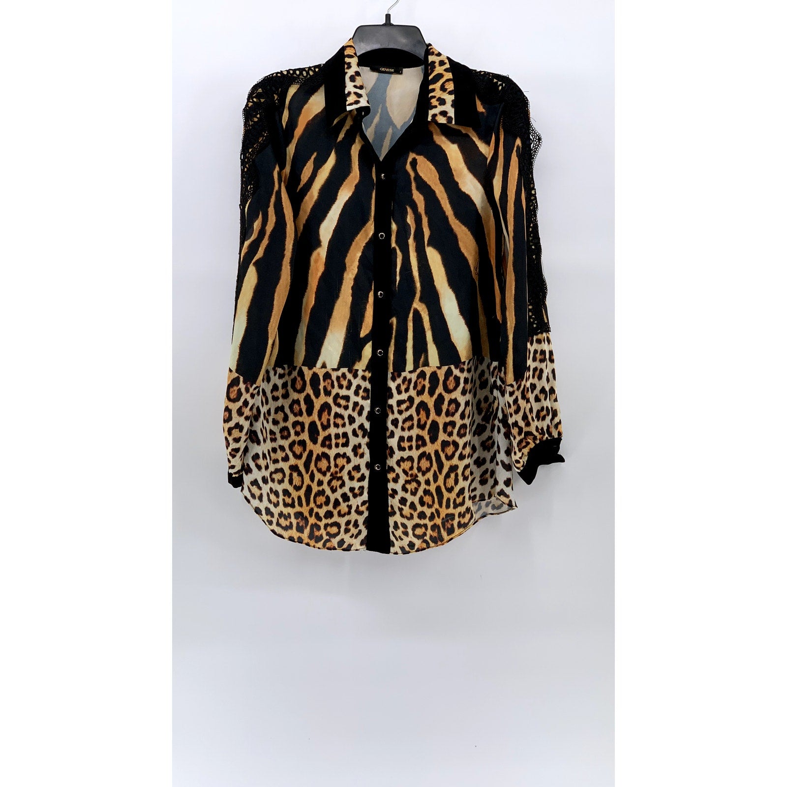 GENESE Women's Black-Brown Animal Print Long Sleeve Button-Up Top SZ 2