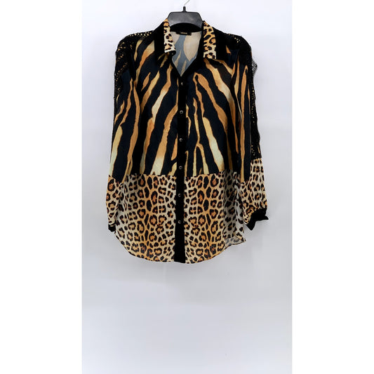 GENESE Women's Black-Brown Animal Print Long Sleeve Button-Up Top SZ 2
