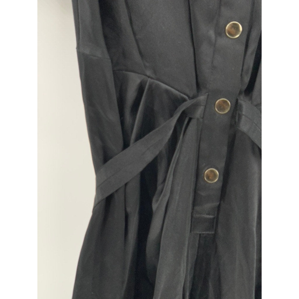 JODI ARNOLD Women's Black Silk Belted Elbow Sleeve Button-Up V-Neck Dress SZ 2