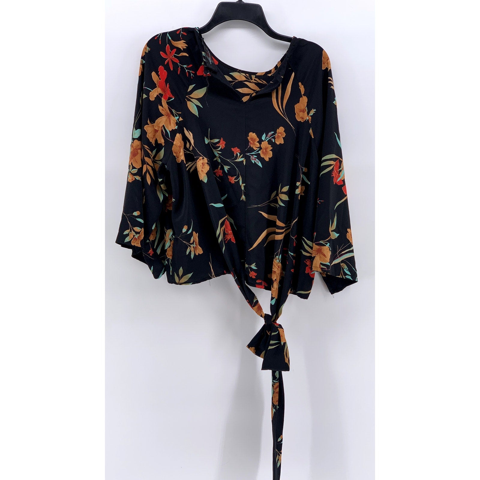 CODE X MODE Women's Black Floral Tie-Back 3/4 Sleeve Top SZ XL