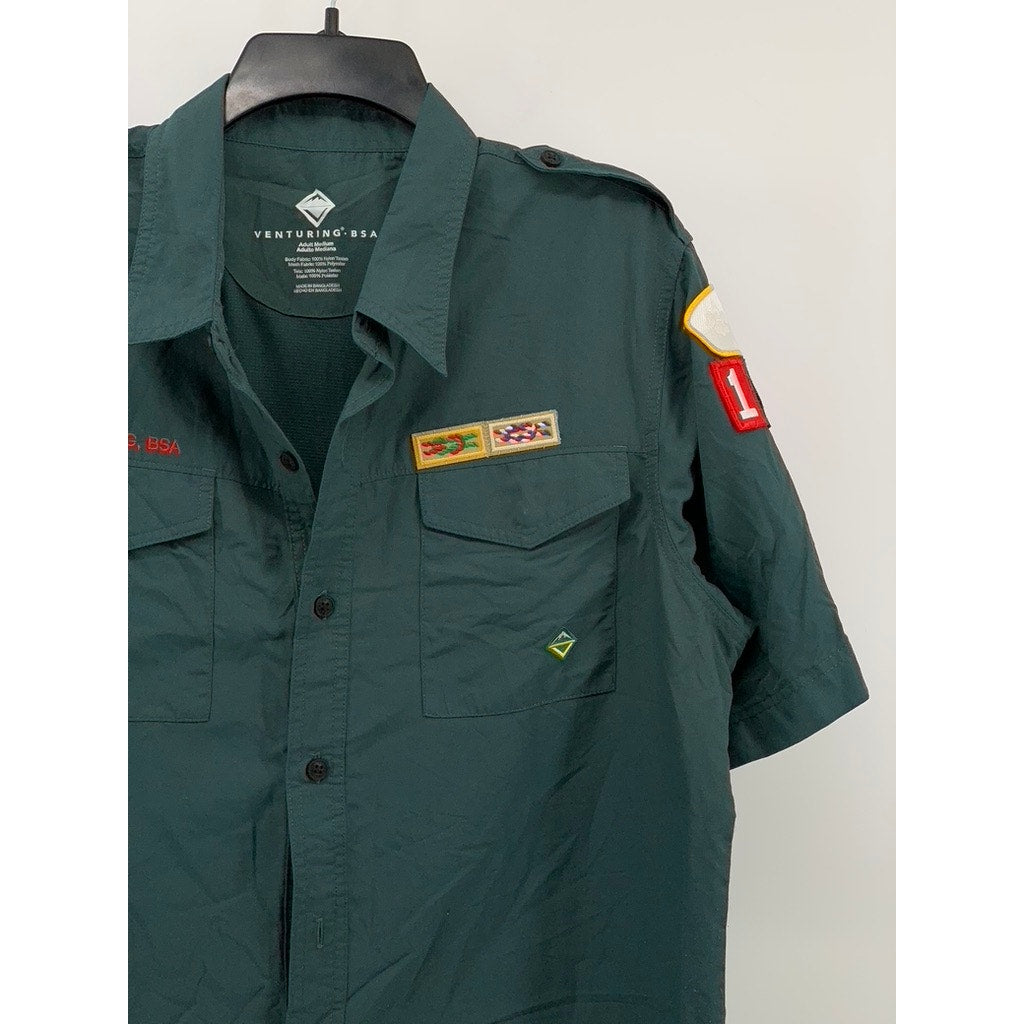 VENTURING BSA Men’s Dark Green Button-Up Short Sleeve Boy Scout Shirt SZ M