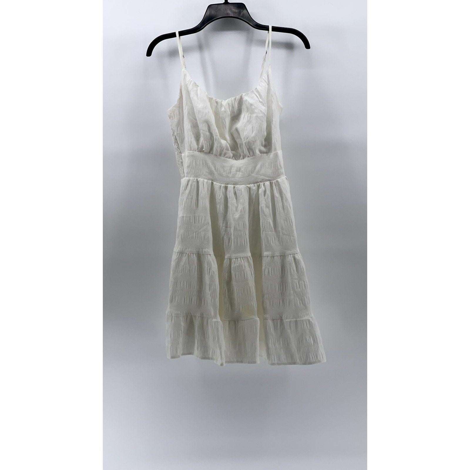 UNBRANDED Women's White Square-Neck Spaghetti Strap Tiered Mini Dress SZ S