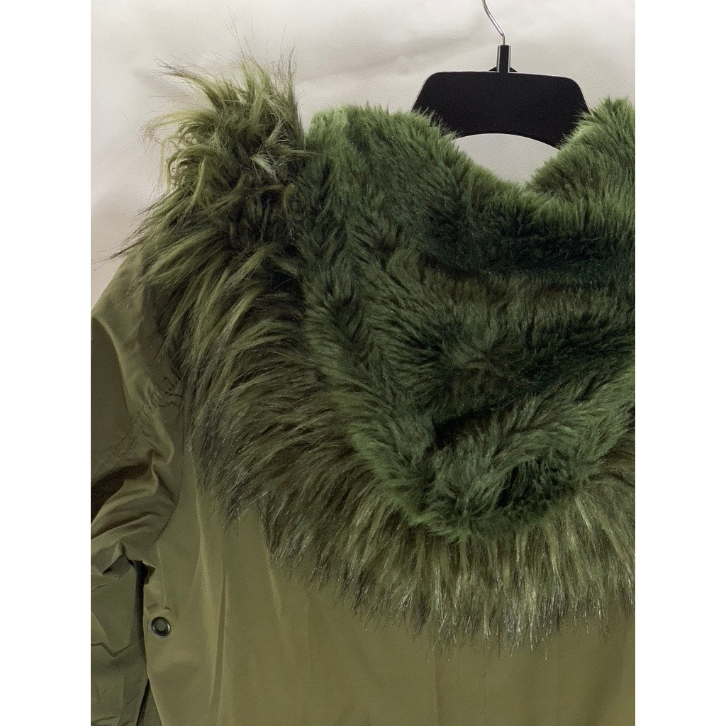 MAVI DENIM WEAR Women's Green Olive Zip-Up Faux-Fur Hooded Back Parka Jacket SZS