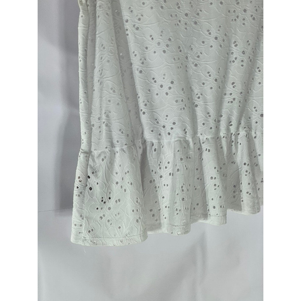 NANETTE LEPORE Women’s White Eyelet Short Sleeve Crewneck Peplum Top SZ S